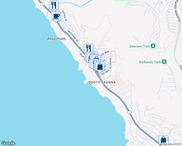 map of restaurants, bars, coffee shops, grocery stores, and more near 31695 Seacliff Drive in Laguna Beach