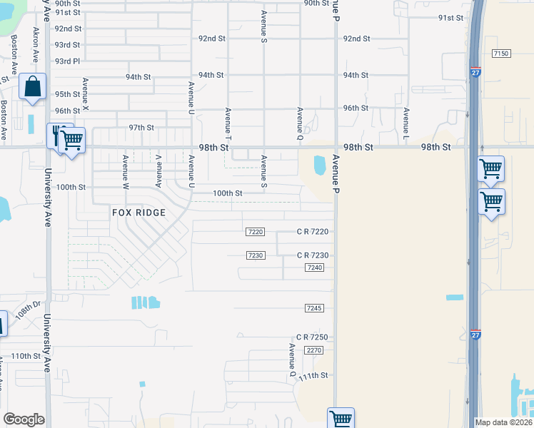 map of restaurants, bars, coffee shops, grocery stores, and more near 1717 102nd Street in Lubbock