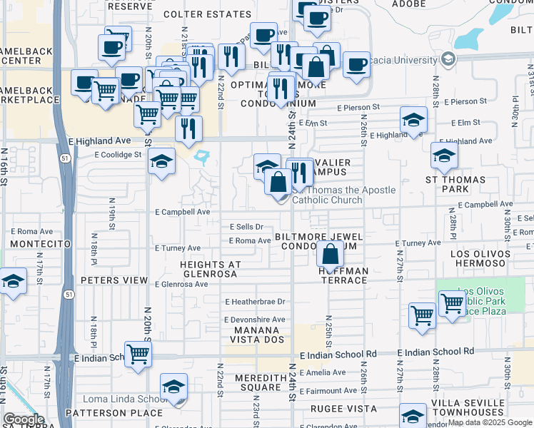 map of restaurants, bars, coffee shops, grocery stores, and more near 2313 East Campbell Avenue in Phoenix