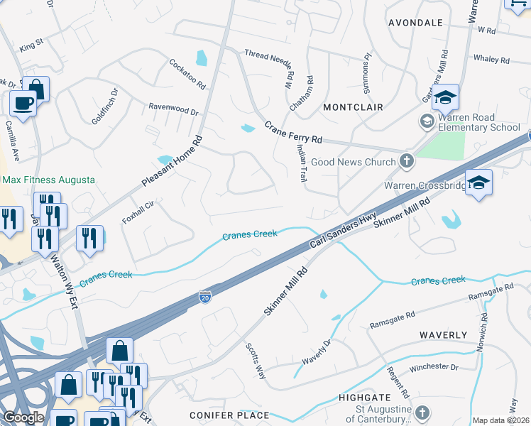 map of restaurants, bars, coffee shops, grocery stores, and more near 3346 Sugar Mill Road in Augusta