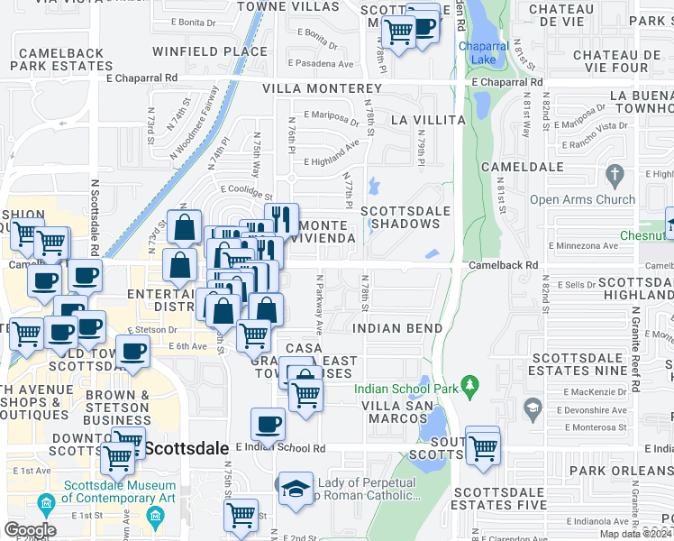 map of restaurants, bars, coffee shops, grocery stores, and more near 7749 East Camelback Road in Scottsdale