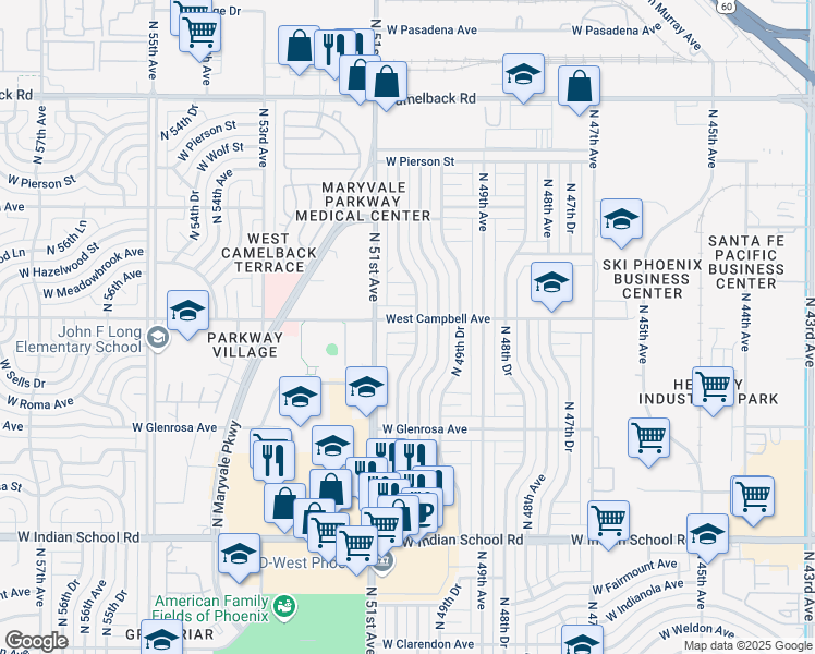 map of restaurants, bars, coffee shops, grocery stores, and more near 4501 North 50th Drive in Phoenix