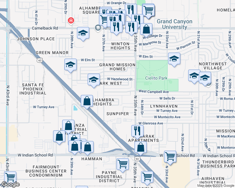 map of restaurants, bars, coffee shops, grocery stores, and more near 3614 West Campbell Avenue in Phoenix
