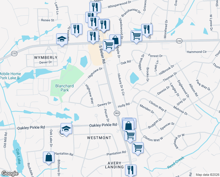 map of restaurants, bars, coffee shops, grocery stores, and more near 136 South Belair Road in Augusta