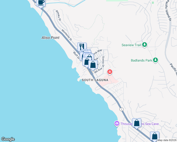 map of restaurants, bars, coffee shops, grocery stores, and more near 31715 Coast Highway in Laguna Beach