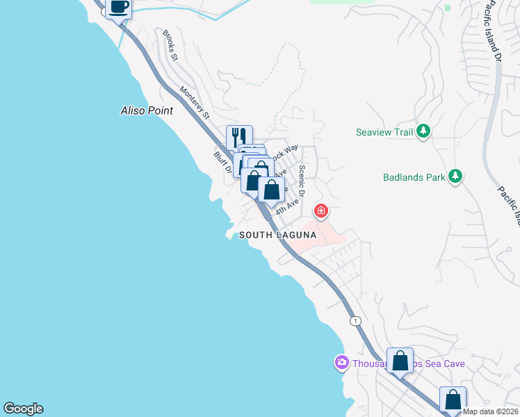 map of restaurants, bars, coffee shops, grocery stores, and more near 31715 Coast Highway in Laguna Beach