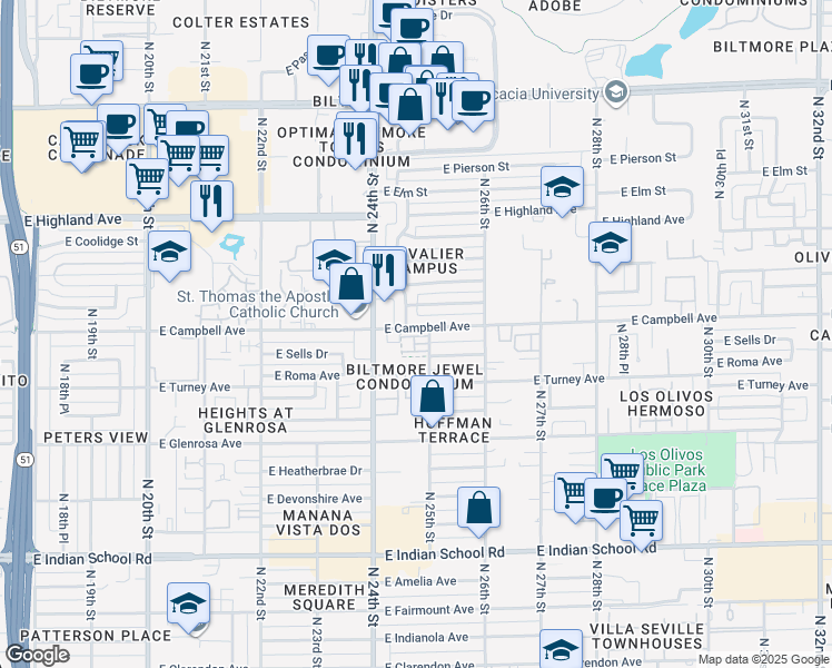 map of restaurants, bars, coffee shops, grocery stores, and more near 4444 North 25th Street in Phoenix
