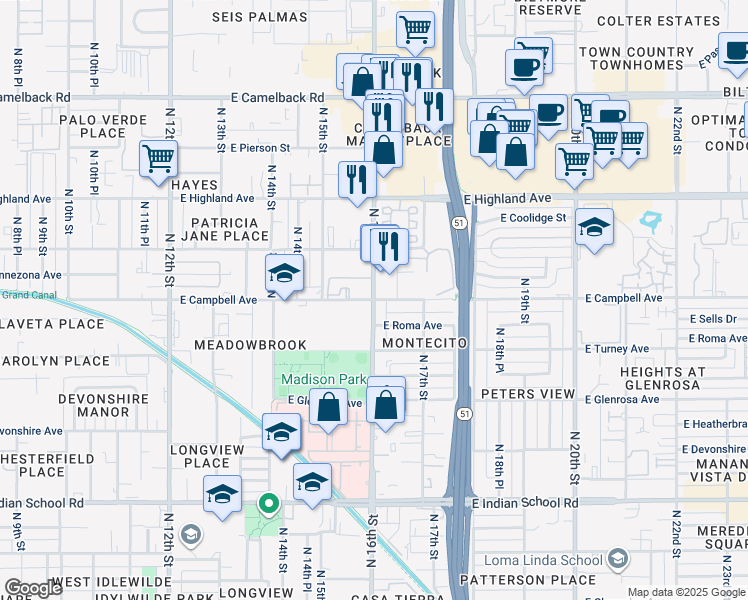 map of restaurants, bars, coffee shops, grocery stores, and more near N 16th St & E Campbell Ave in Phoenix
