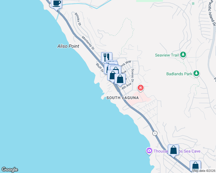 map of restaurants, bars, coffee shops, grocery stores, and more near 31676 Seacove Drive in Laguna Beach
