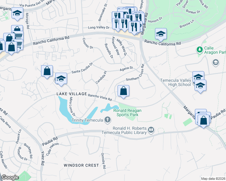 map of restaurants, bars, coffee shops, grocery stores, and more near 30468 Spica Court in Temecula
