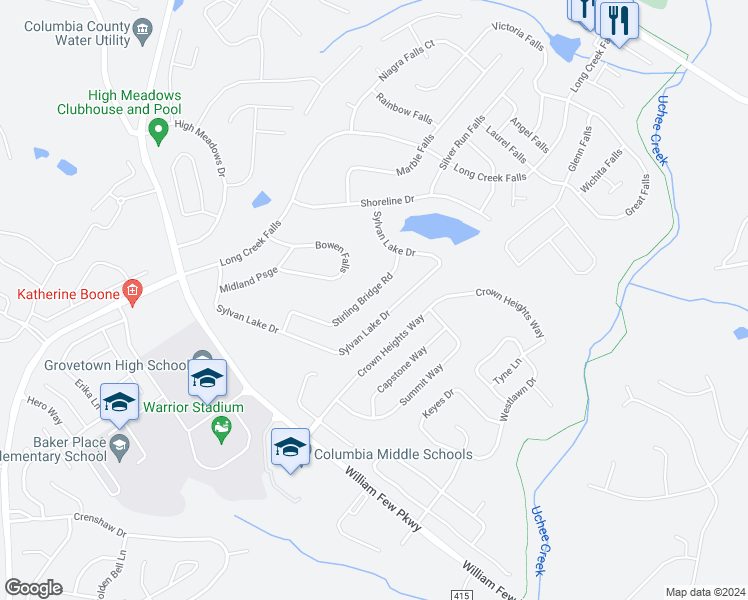 map of restaurants, bars, coffee shops, grocery stores, and more near 522 Stirling Bridge Road in Grovetown