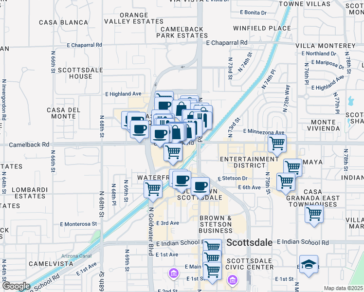 map of restaurants, bars, coffee shops, grocery stores, and more near 7135 East Camelback Road in Scottsdale