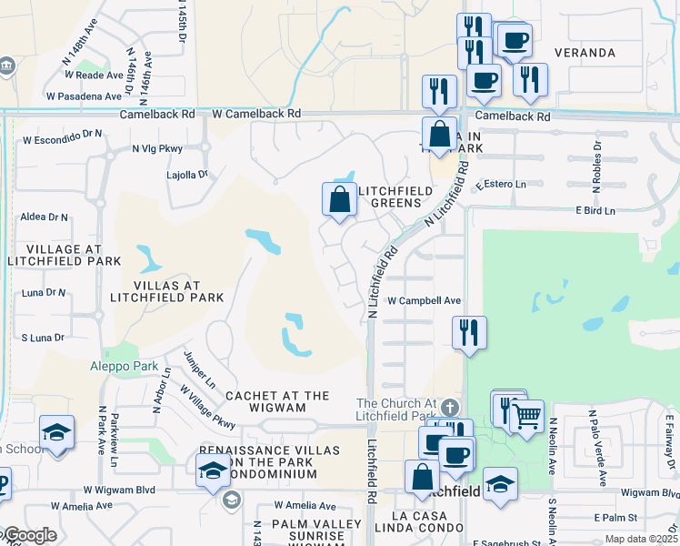 map of restaurants, bars, coffee shops, grocery stores, and more near 14137 West Bent Tree Circle in Litchfield Park