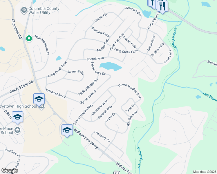 map of restaurants, bars, coffee shops, grocery stores, and more near 2053 Sylvan Lake Drive in Grovetown