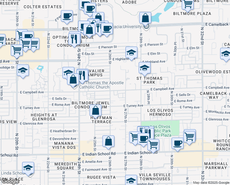 map of restaurants, bars, coffee shops, grocery stores, and more near 2617 East Campbell Avenue in Phoenix