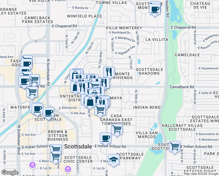 map of restaurants, bars, coffee shops, grocery stores, and more near 7622 East Camelback Road in Scottsdale