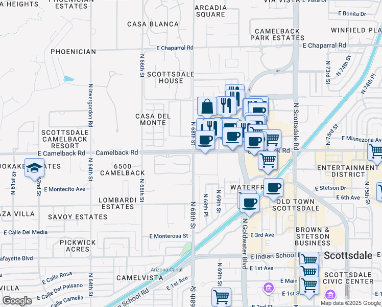 map of restaurants, bars, coffee shops, grocery stores, and more near in Scottsdale