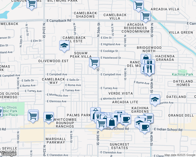 map of restaurants, bars, coffee shops, grocery stores, and more near 3605 East Campbell Avenue in Phoenix