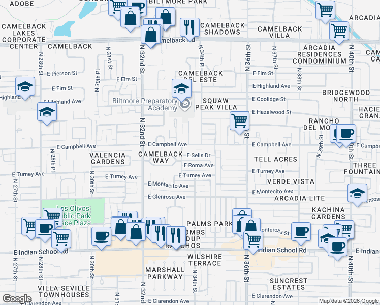 map of restaurants, bars, coffee shops, grocery stores, and more near 3331 East Campbell Avenue in Phoenix