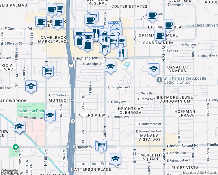 map of restaurants, bars, coffee shops, grocery stores, and more near 2019 East Campbell Avenue in Phoenix