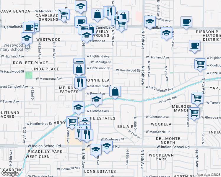 map of restaurants, bars, coffee shops, grocery stores, and more near 4501 North 17th Drive in Phoenix
