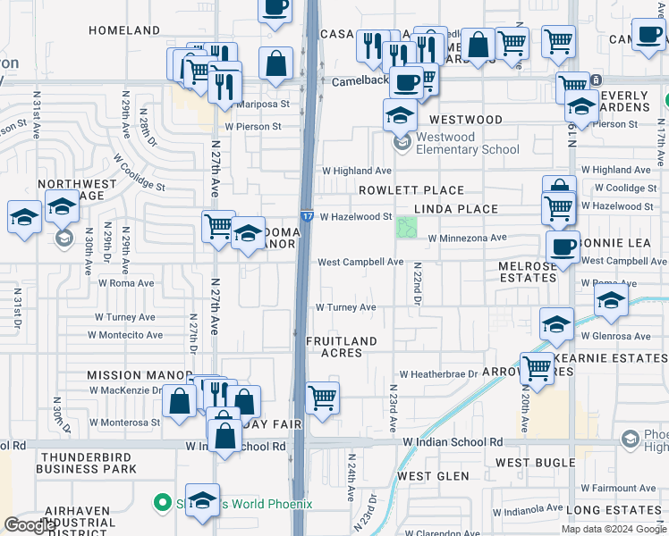 map of restaurants, bars, coffee shops, grocery stores, and more near 2417 West Campbell Avenue in Phoenix