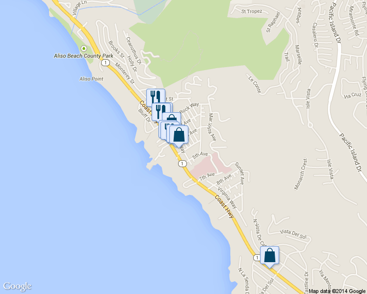 map of restaurants, bars, coffee shops, grocery stores, and more near 31693 Wildwood Road in Laguna Beach