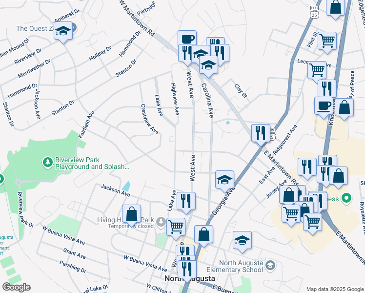 map of restaurants, bars, coffee shops, grocery stores, and more near 1008 West Avenue in North Augusta