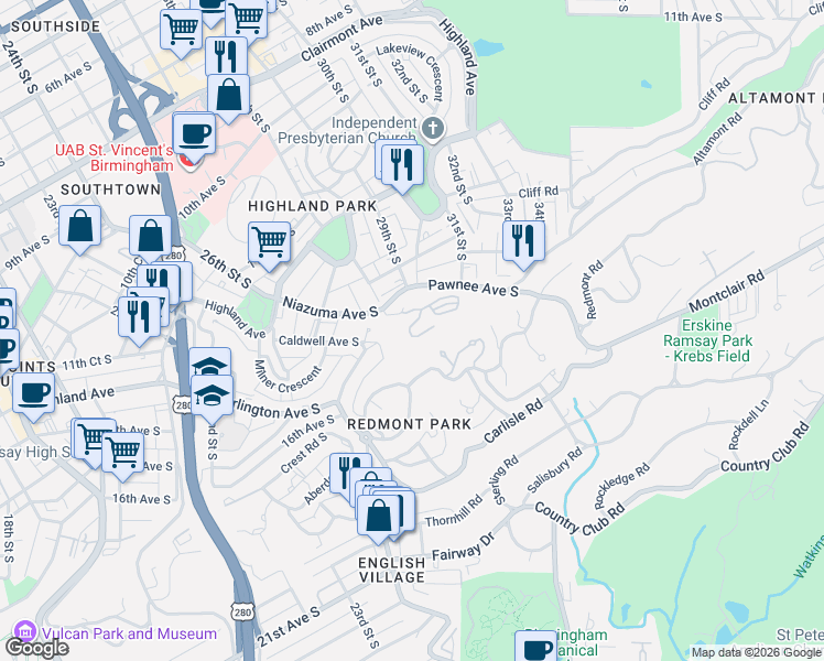 map of restaurants, bars, coffee shops, grocery stores, and more near 2801 Niazuma Avenue South in Birmingham