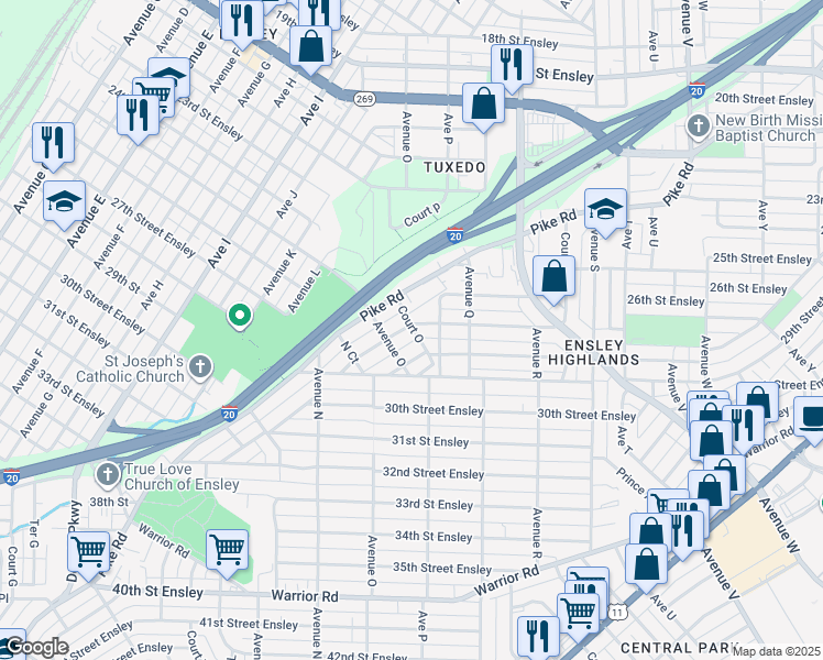 map of restaurants, bars, coffee shops, grocery stores, and more near 1522 27th Street Ensley in Birmingham
