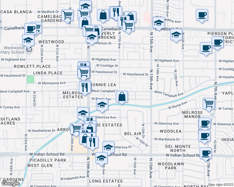 map of restaurants, bars, coffee shops, grocery stores, and more near 4501 North 17th Drive in Phoenix