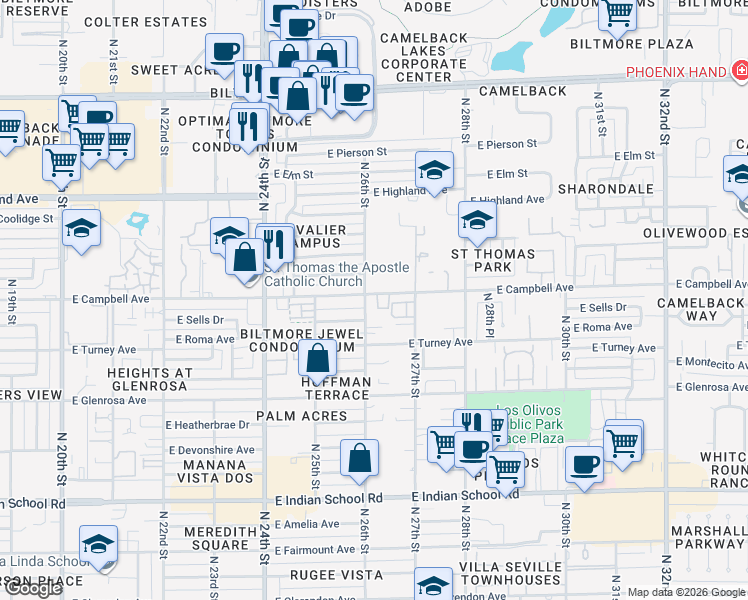 map of restaurants, bars, coffee shops, grocery stores, and more near 2544 East Campbell Avenue in Phoenix