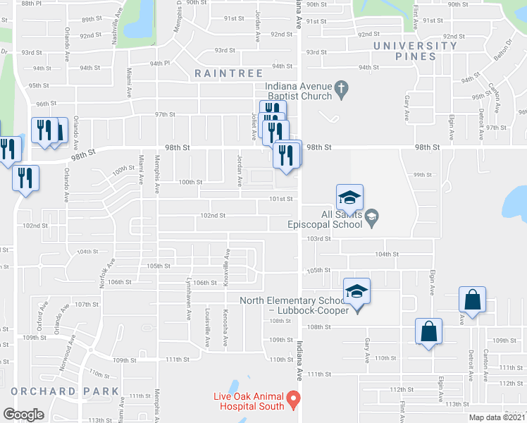 map of restaurants, bars, coffee shops, grocery stores, and more near 3504 102nd Street in Lubbock