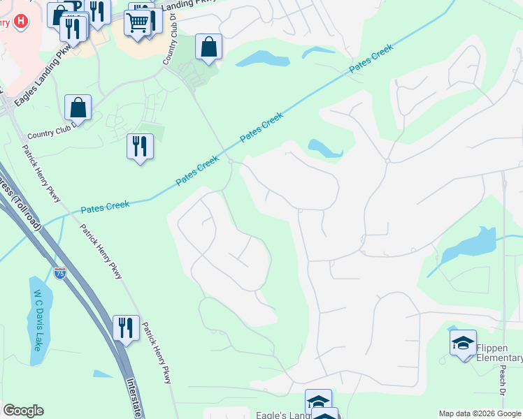 map of restaurants, bars, coffee shops, grocery stores, and more near 303 Shadow Glen in McDonough