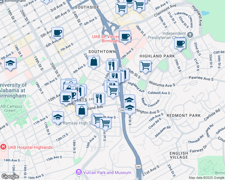 map of restaurants, bars, coffee shops, grocery stores, and more near 1142 22nd Street South in Birmingham