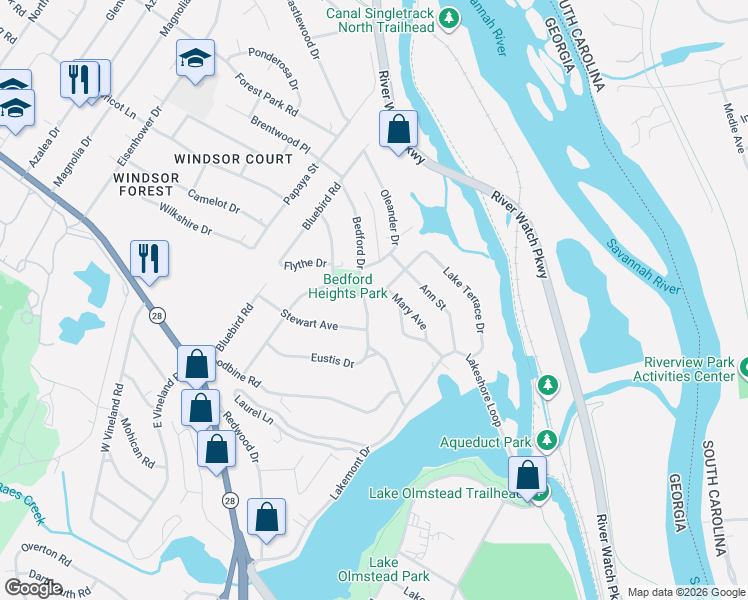 map of restaurants, bars, coffee shops, grocery stores, and more near 1017 Bedford Drive in Augusta