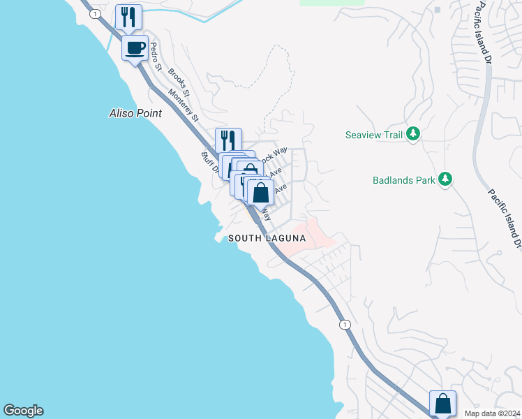 map of restaurants, bars, coffee shops, grocery stores, and more near 31725 Virginia Way in Laguna Beach