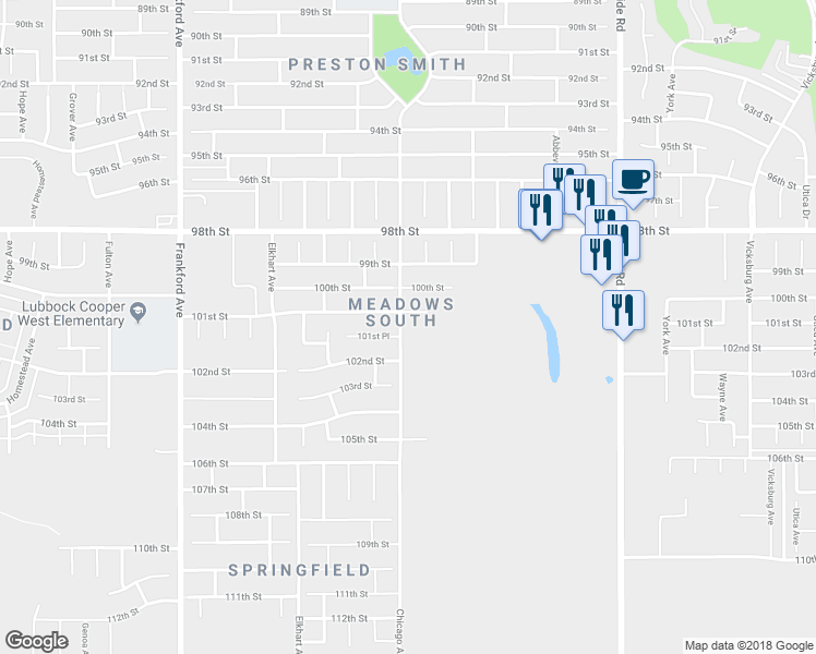 map of restaurants, bars, coffee shops, grocery stores, and more near 10105 Chicago Avenue in Lubbock