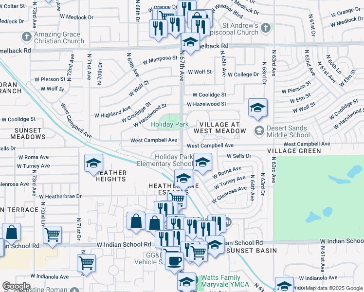 map of restaurants, bars, coffee shops, grocery stores, and more near N 67th Ave & W Campbell Ave in Phoenix