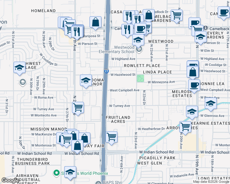 map of restaurants, bars, coffee shops, grocery stores, and more near 2417 West Campbell Avenue in Phoenix