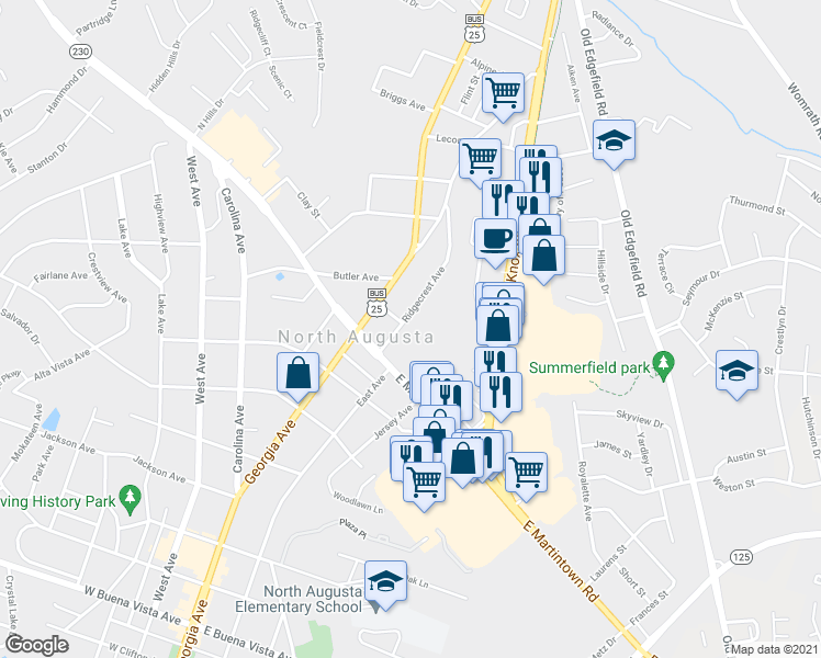 map of restaurants, bars, coffee shops, grocery stores, and more near 1123 Ridgecrest Avenue in North Augusta