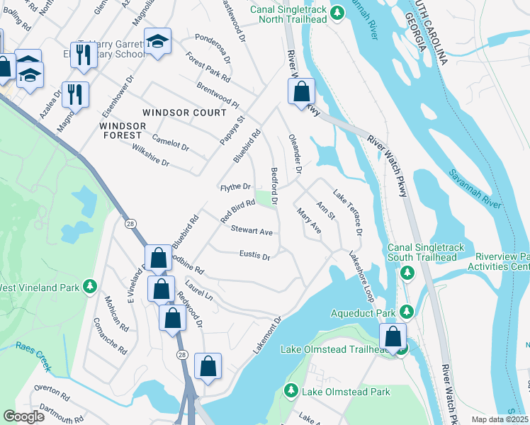 map of restaurants, bars, coffee shops, grocery stores, and more near 1008 Camellia Drive in Augusta