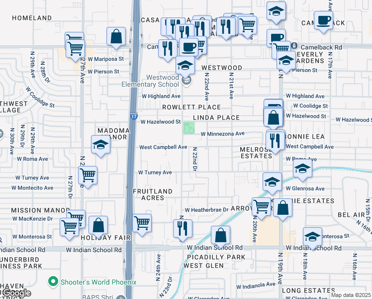 map of restaurants, bars, coffee shops, grocery stores, and more near 4503 North 23rd Avenue in Phoenix