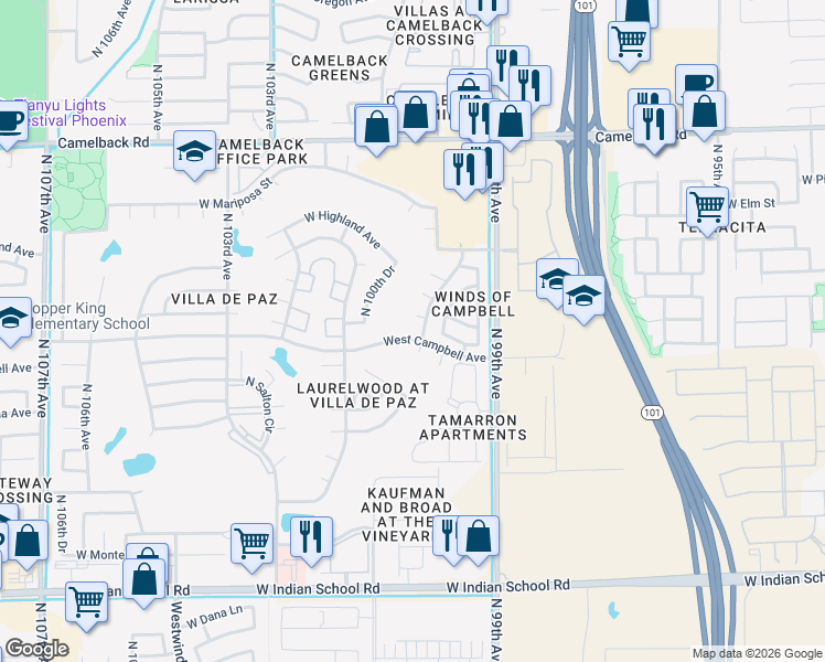 map of restaurants, bars, coffee shops, grocery stores, and more near 10013 West Kino Lane in Phoenix