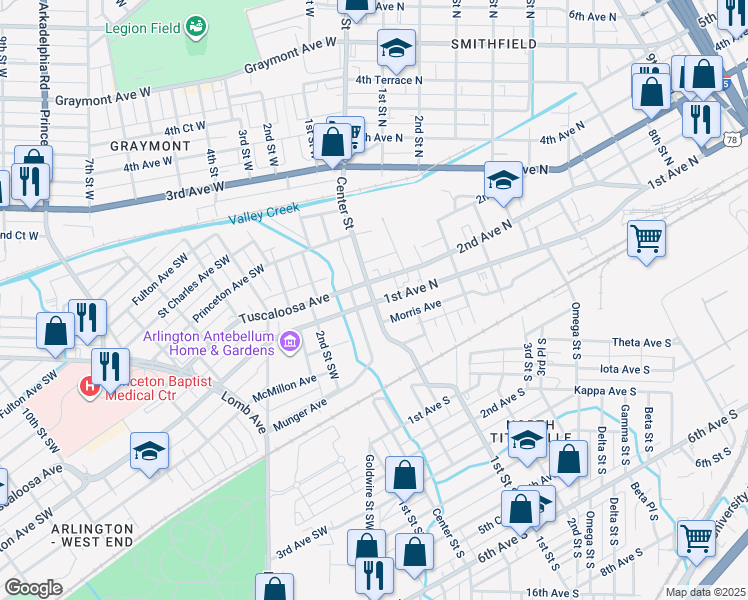map of restaurants, bars, coffee shops, grocery stores, and more near 111 Center Street North in Birmingham
