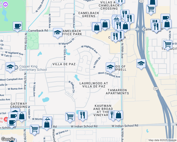 map of restaurants, bars, coffee shops, grocery stores, and more near 4525 North 101st Avenue in Phoenix