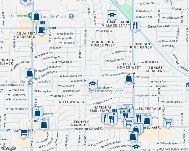 map of restaurants, bars, coffee shops, grocery stores, and more near 3601 W Minnezona Ave in Phoenix