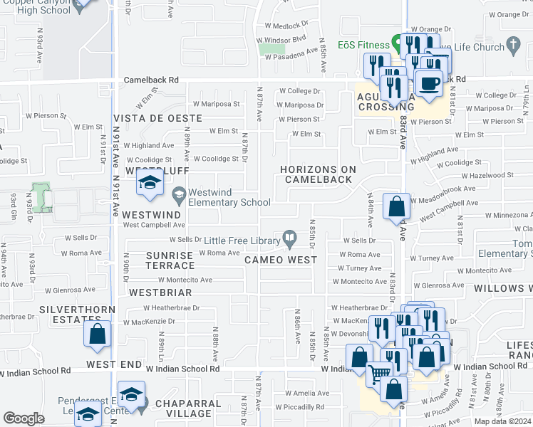 map of restaurants, bars, coffee shops, grocery stores, and more near 8646 West Campbell Avenue in Phoenix