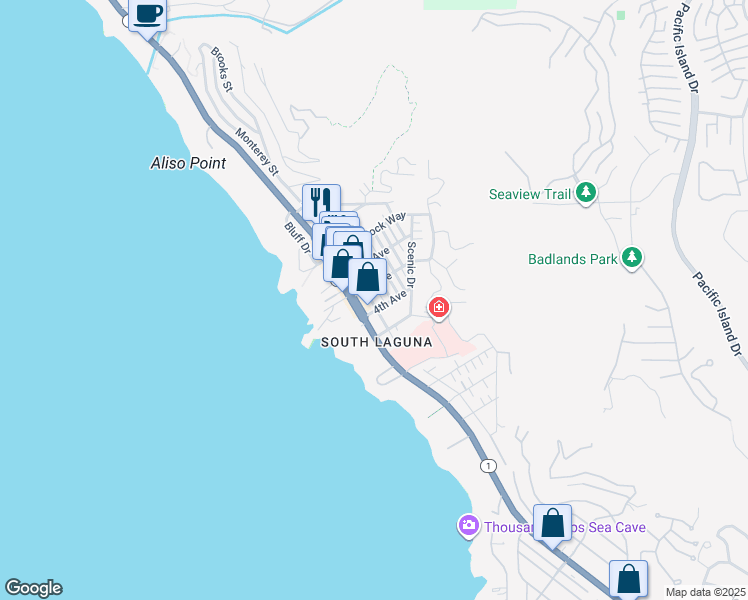 map of restaurants, bars, coffee shops, grocery stores, and more near 31728 Virginia Way in Laguna Beach