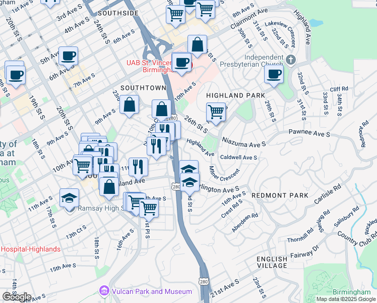 map of restaurants, bars, coffee shops, grocery stores, and more near 2301 Highland Crescent South in Birmingham